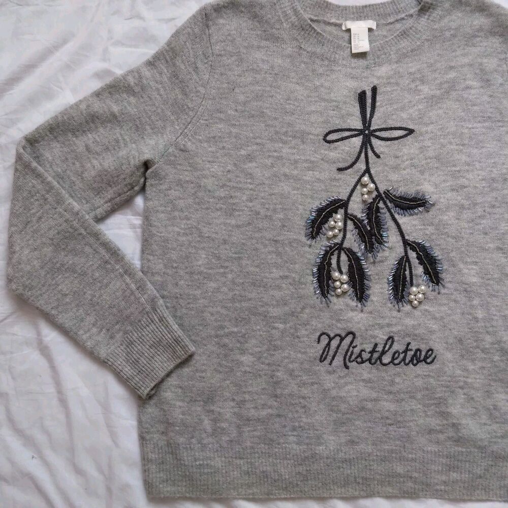 H&M Mistletoe Sweater Beaded Embroidered Holiday Christmas Womens Size Medium - Picture 3 of 10